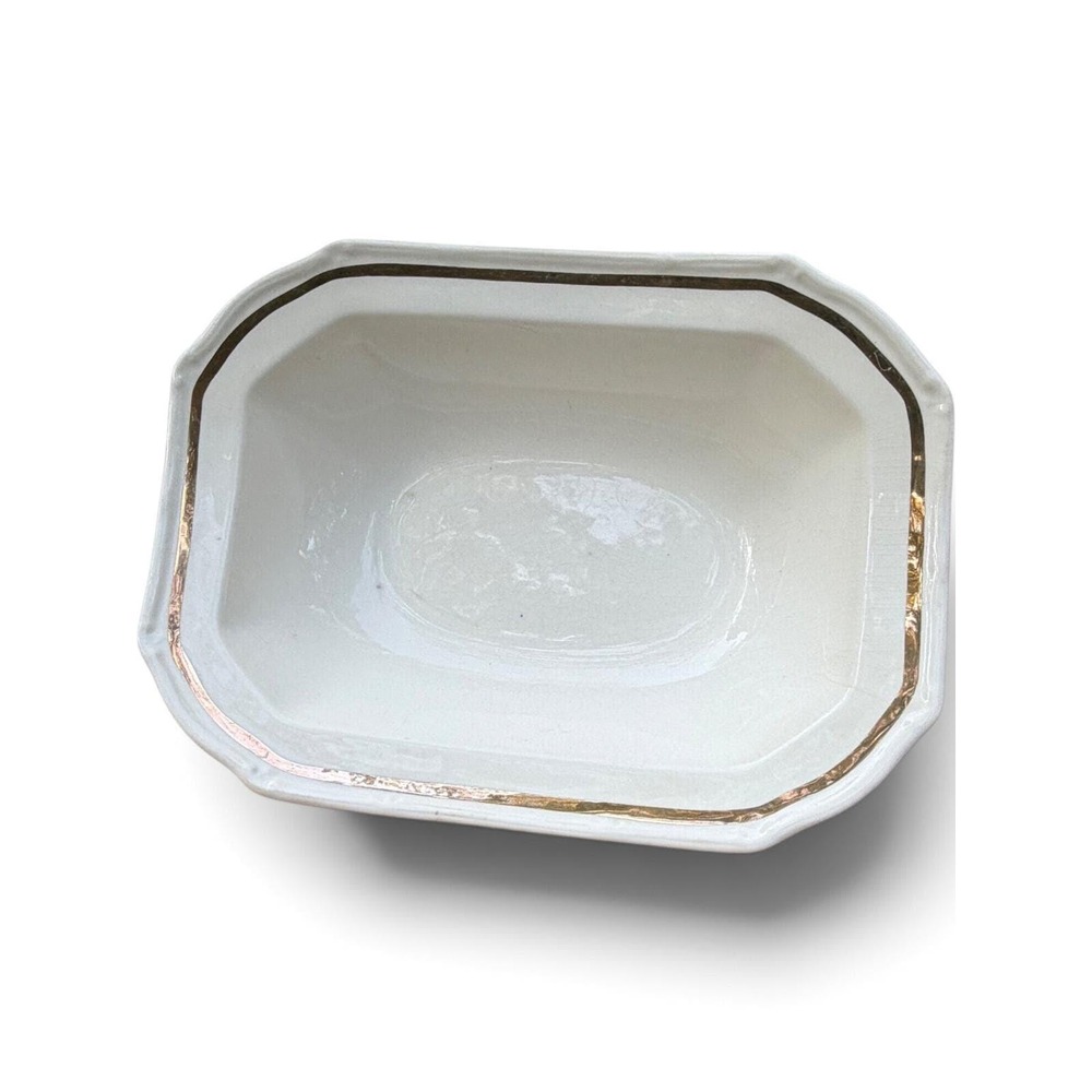 TS&T Co Ironstone Serving Bowl Gold Trim Clipped Corner Cream 9 inch
